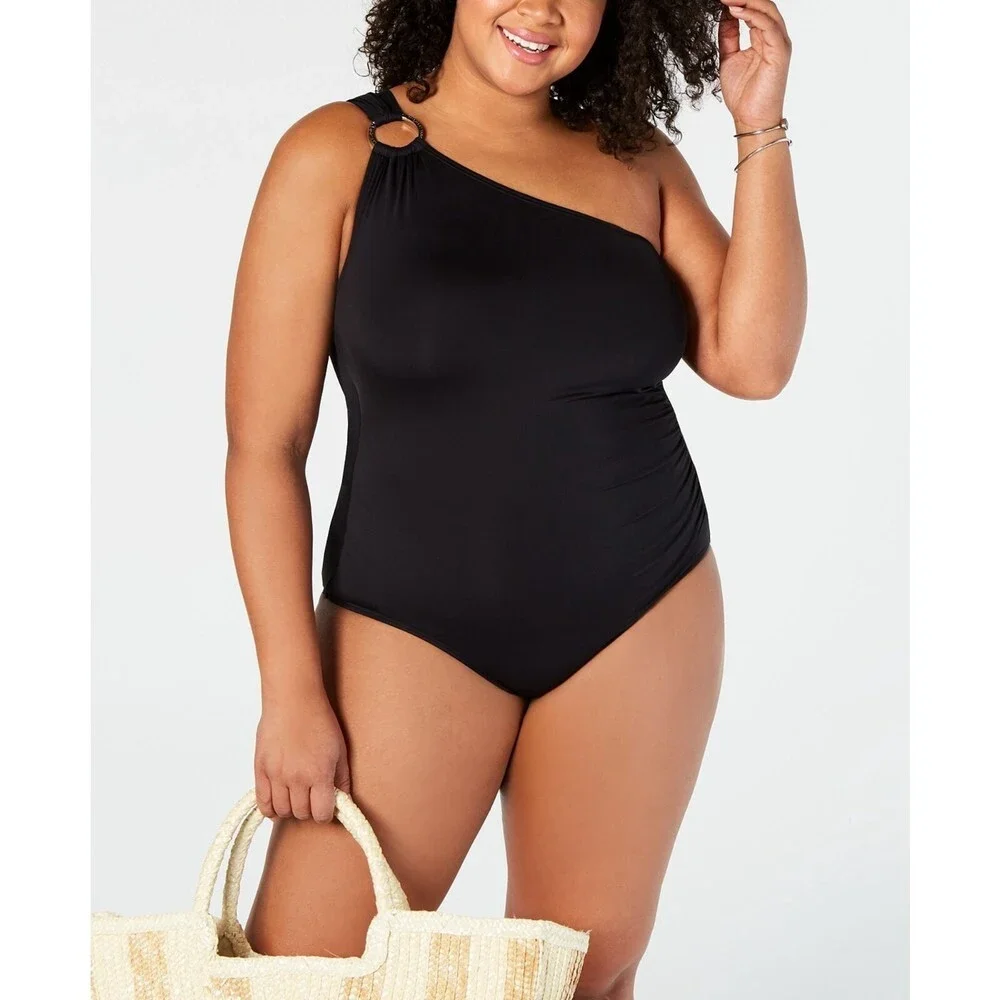 Michael Kors Plus One Shoulder Swim One-Piece Swimsuit 16 Black